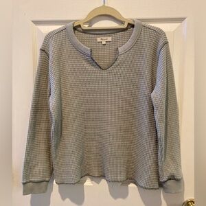 Madewell Sage Green Waffle Knit Crop Tee Notch Neckline Woman’s SZ S Ribbed cuff